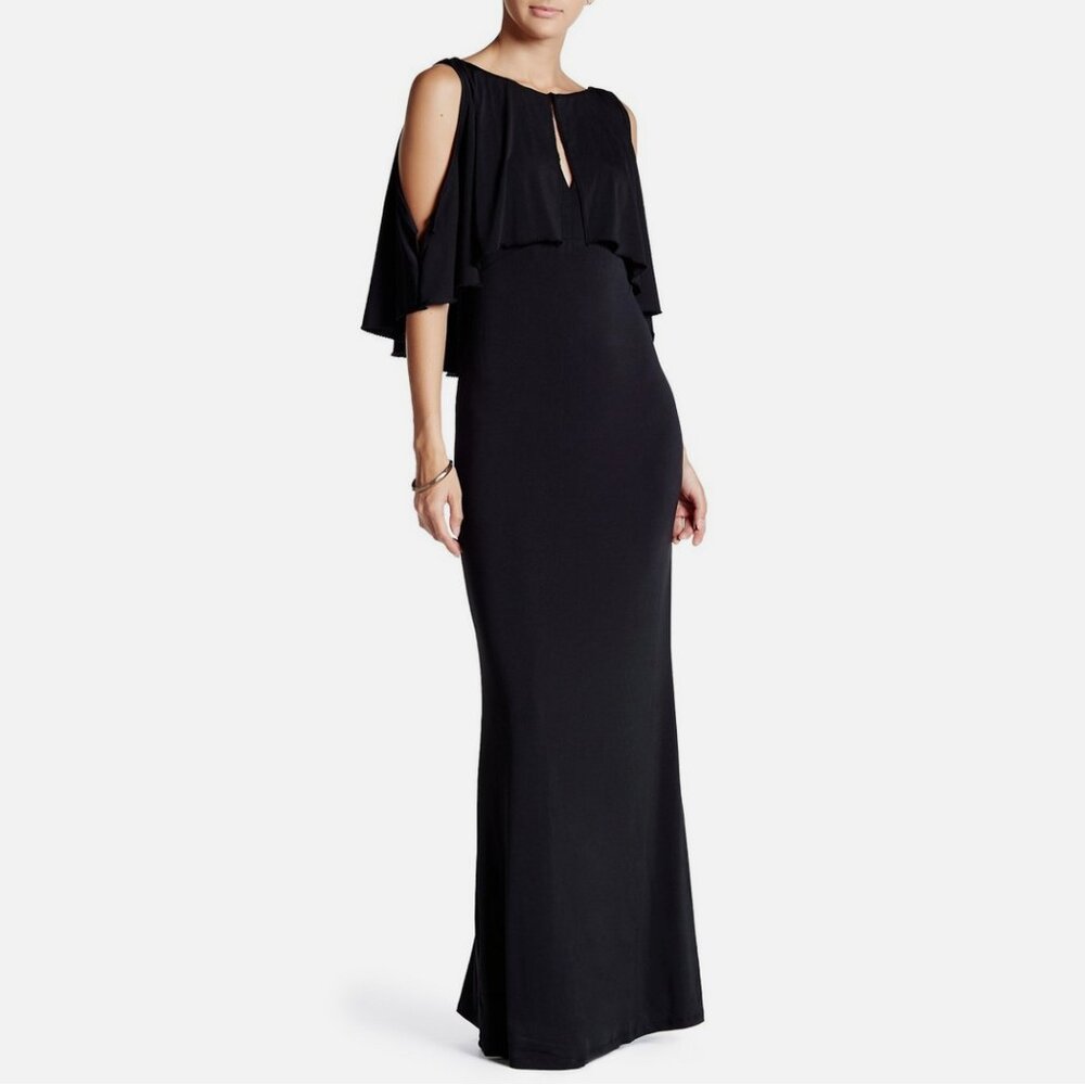 ABS by Allen Schwartz Collection Cold Shoulder V Back Cape Gown